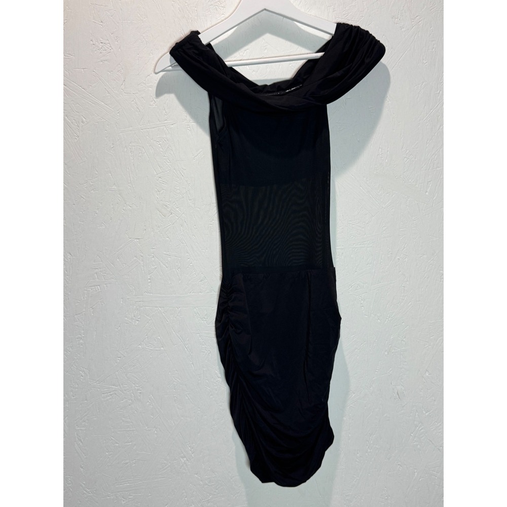 Outcast Clothing Black Sheer Mesh Midsection Ruched Off Shoulder Mini Dress S